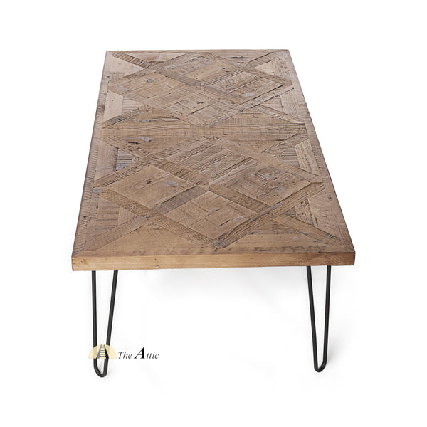 Round Sunburst Parquet Coffee Table with Hairpin Legs - The Attic