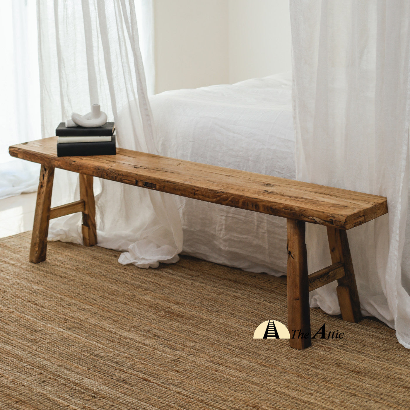 Rustic Wooden Bench, Wood Dining Bench - The Attic Dubai