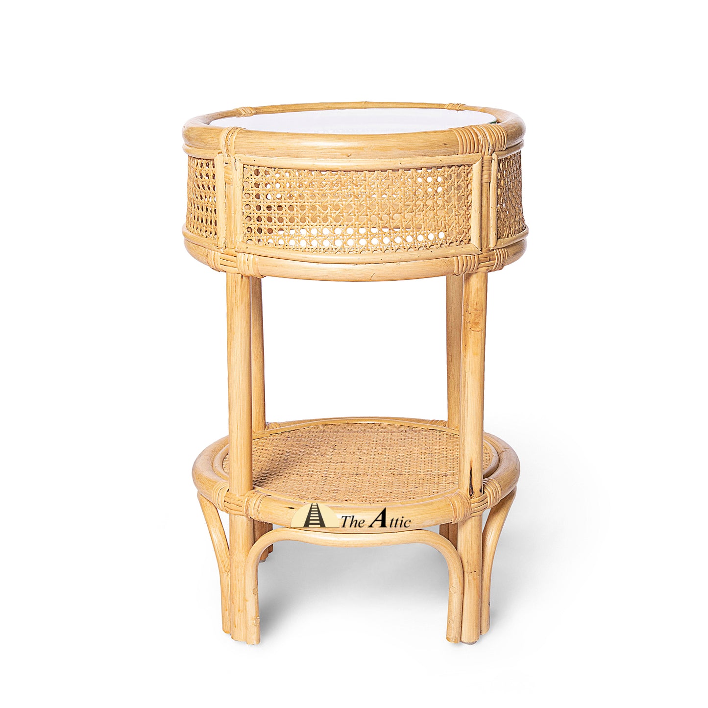 Samoa 2-tier Natural Rattan Round Side Table with Glass Top, Rattan Furniture - The Attic Dubai