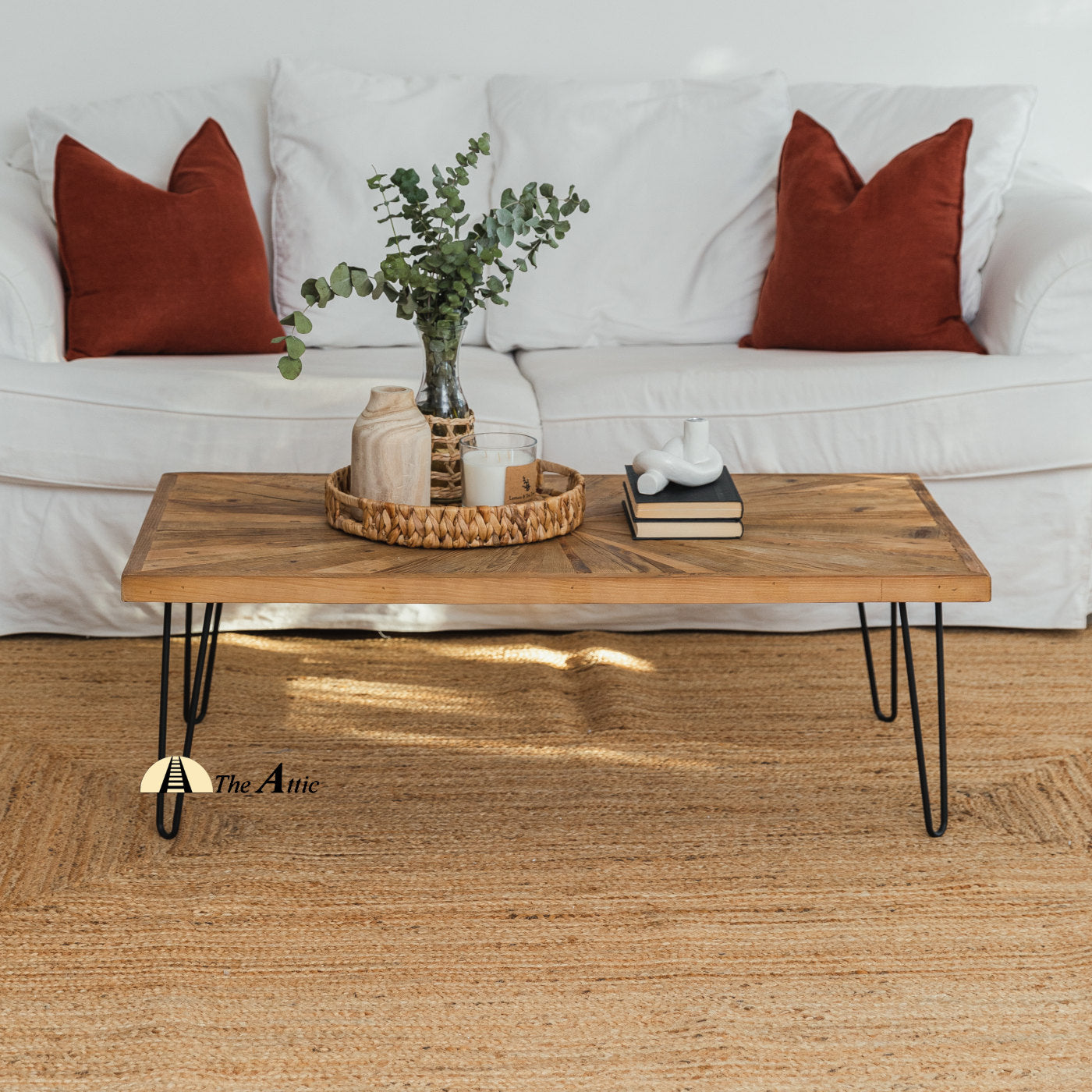 Dallas Sunburst Reclaimed Pine Hairpin Coffee Table - The Attic Dubai