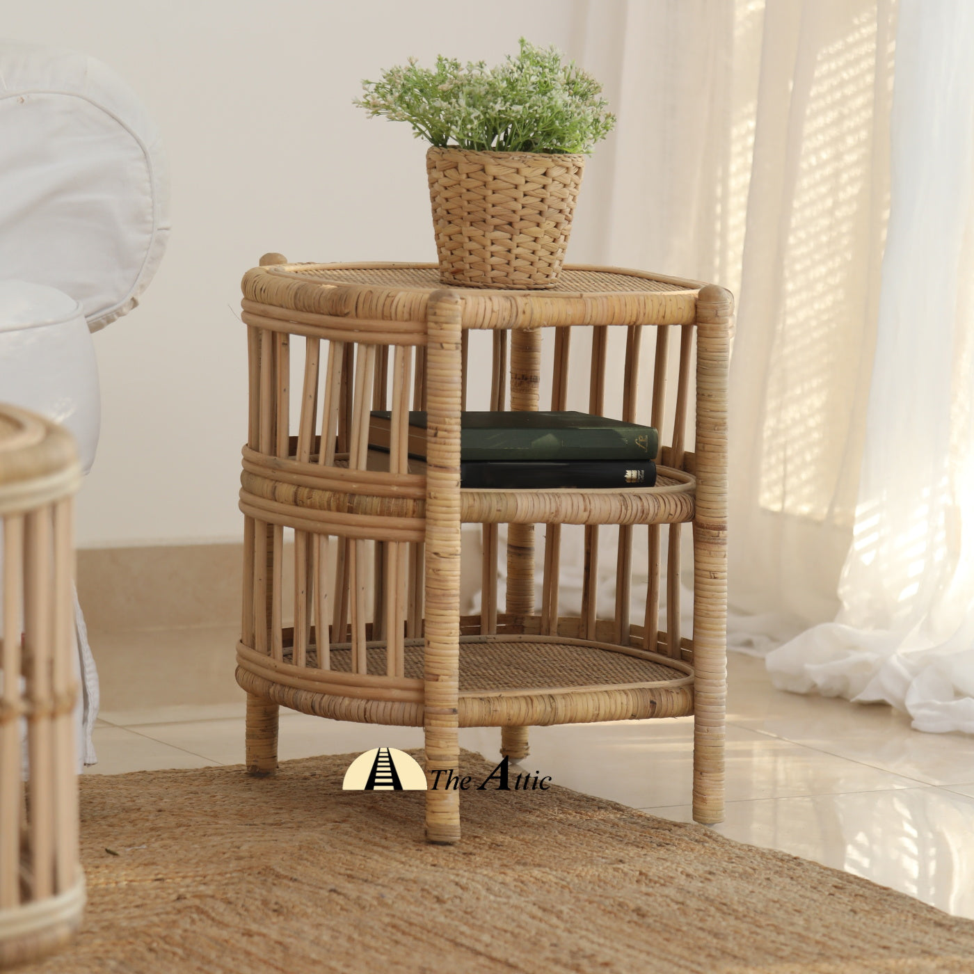 Sylvan Rattan 3-Tier Side Table / Bedside Table with 2 Shelf, Rattan Furniture - The Attic Dubai